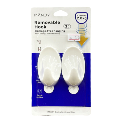MANDY Self Adhesive Removable Hooks 2 Hooks & Strips MAX LOAD 2KG
